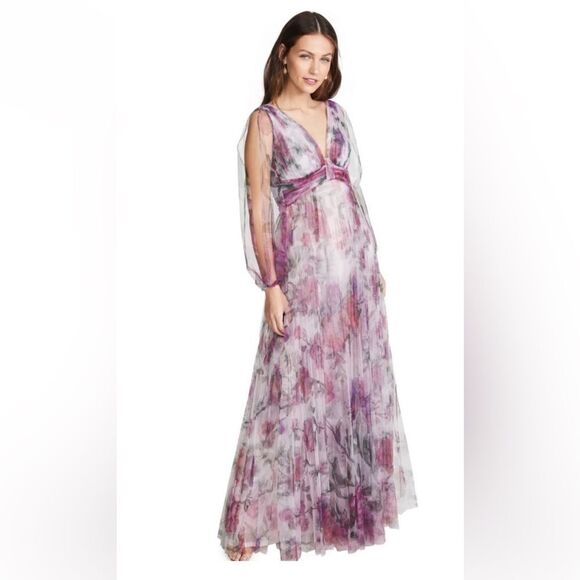 BHLDN Marchesa Notte chiffon silk print pleated maxi dress - Picture 3 of 10